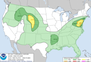 Map of the contiguous United States showing a yellow “SLGT” (Slight) risk area over the Mid-Atlantic, including Philadelphia, from the SPC Day 1 Convective Outlook.